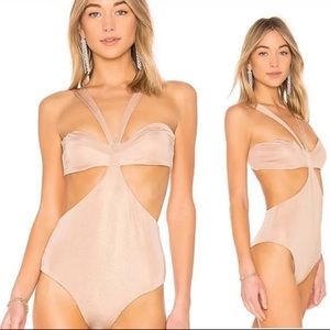 H:OURS REVOLVE Twist Bandeau Bodysuit in Pink Champagne Size Medium Cut Out